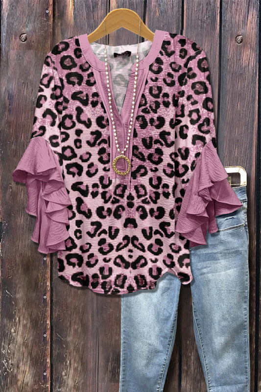 Chic Leopard Print Ruffle Sleeve Top