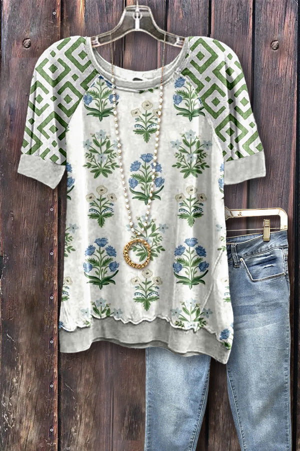 Contrast Floral Print Short Sleeve Sweatshirt