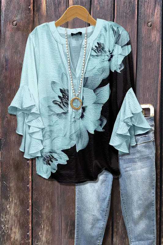 Asymmetric Floral Print Ruffle Sleeve Top