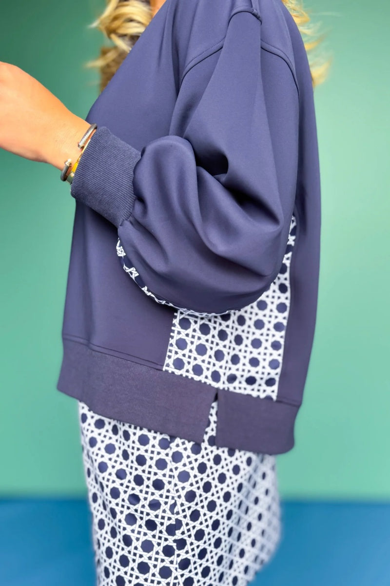 Crew Neck Printed Panel Scuba Set In Navy Cane