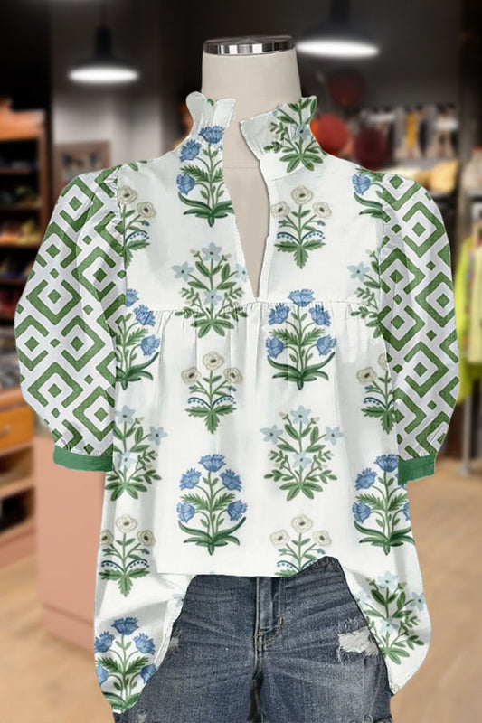 Floral Print V-Neck Geo Puff Sleeve Top