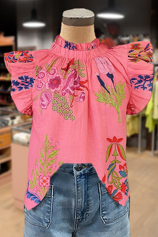 Floral Print Mock Neck Ruffle Sleeve Top