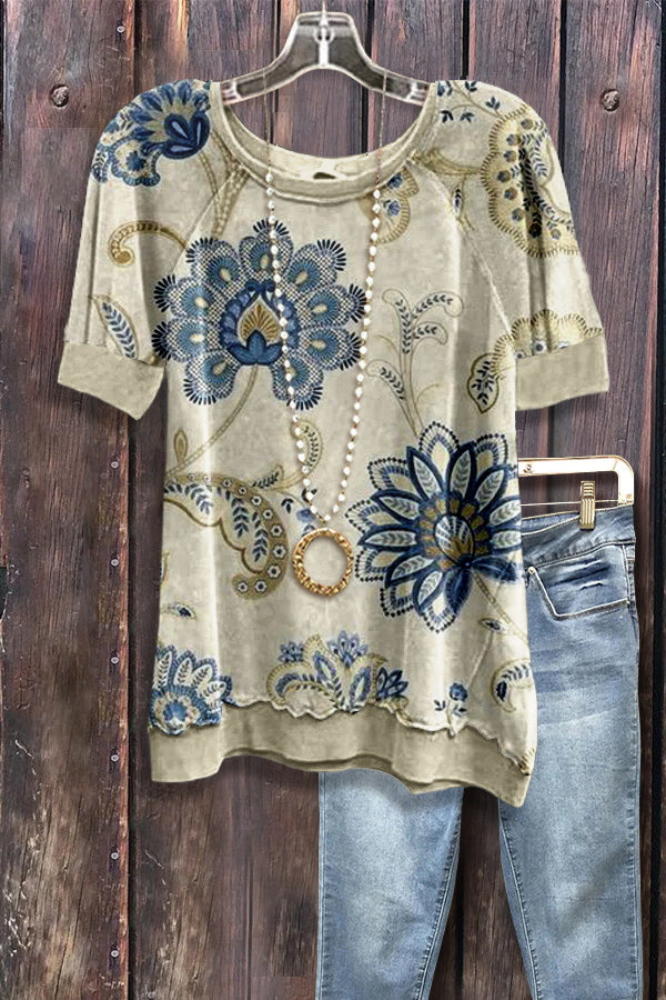 Retro Floral Print Short Sleeve Sweatshirt