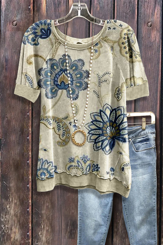 Retro Floral Print Short Sleeve Sweatshirt