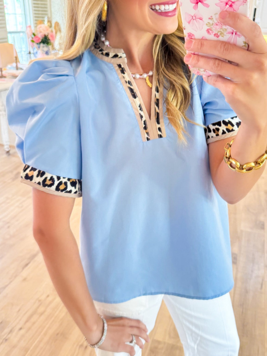 Light Blue Leopard Contrast Puff Sleeve Top