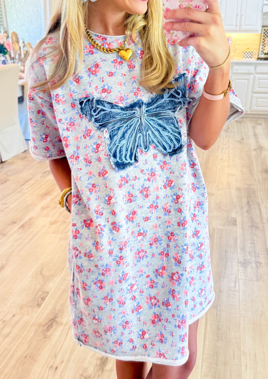 Heather Grey Floral Butterfly Patch Dress