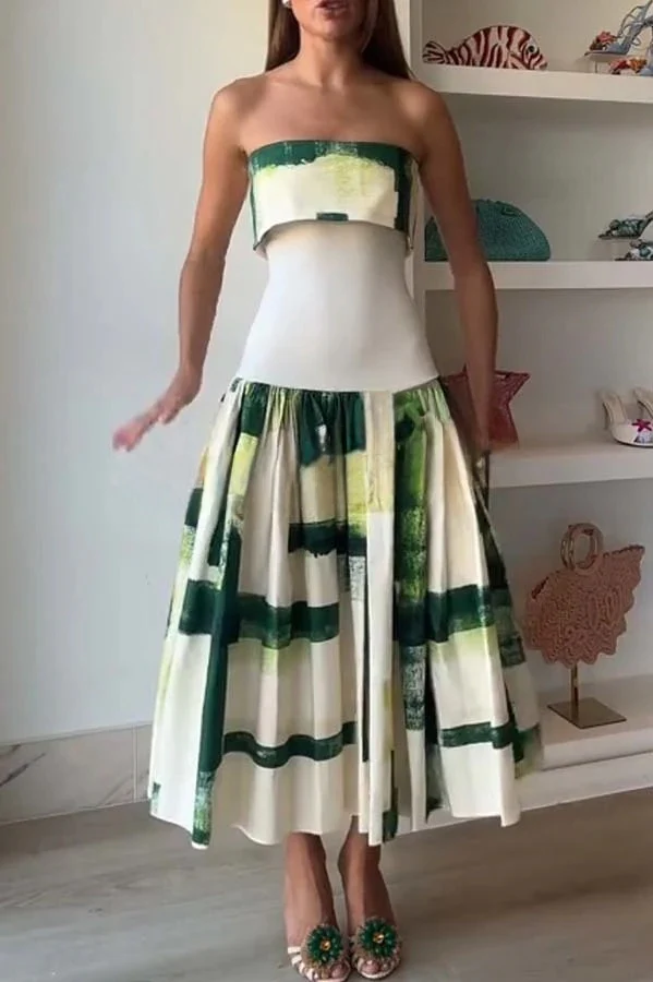 Printed Ribbed Elastic Waist Pocket Strapless Midi Dress
