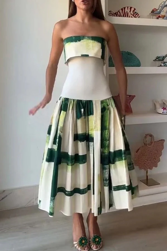 Printed Ribbed Elastic Waist Pocket Strapless Midi Dress