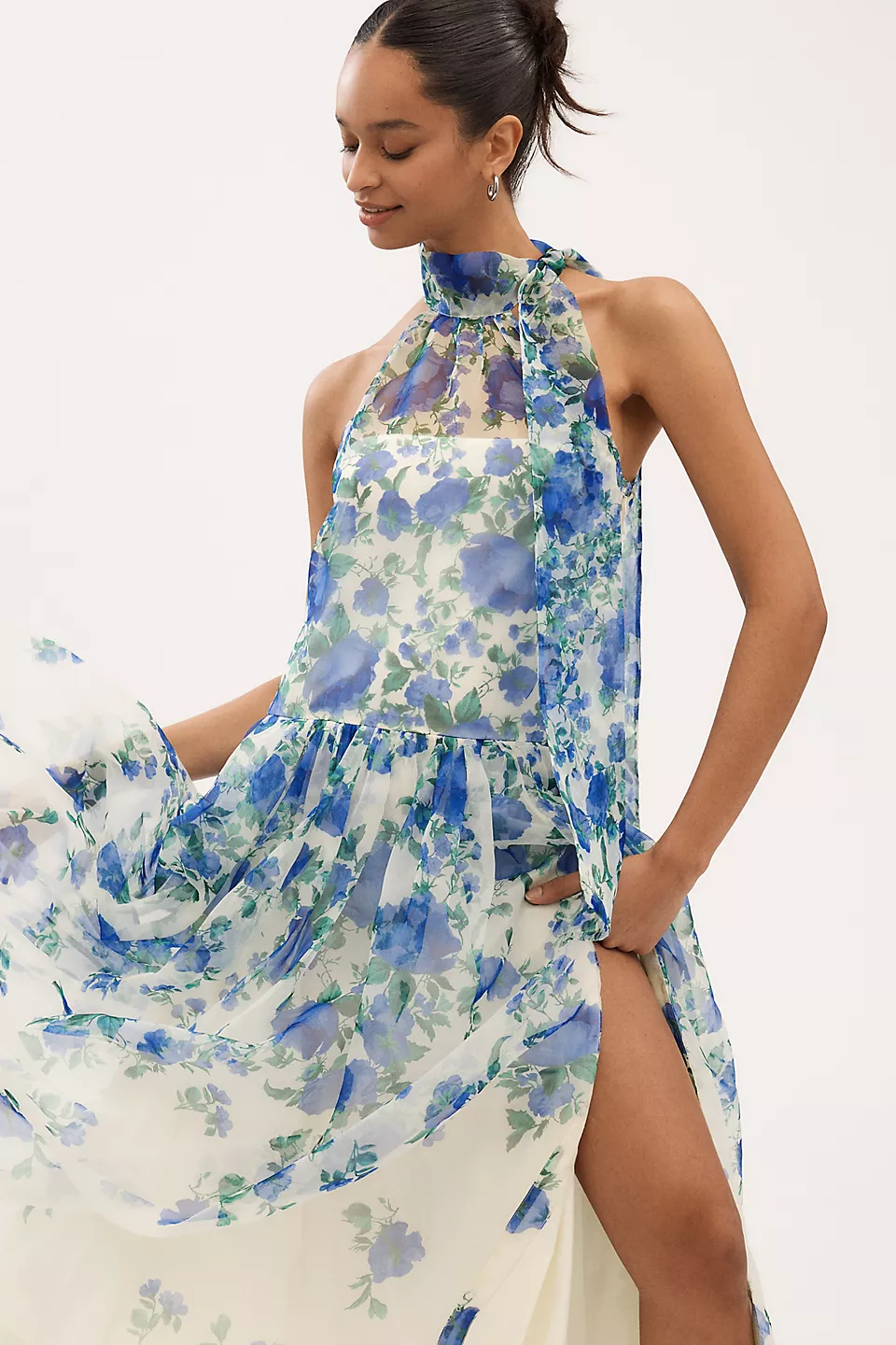 Turtleneck Scarf Floral Organza Maxi Dress