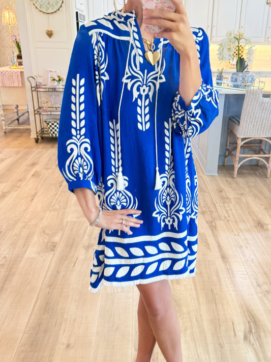 Blue Printed 3/4 Sleeve Dress