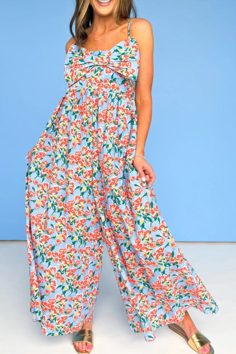 Blue Multi Floral Bow Front Detail Jumpsuit