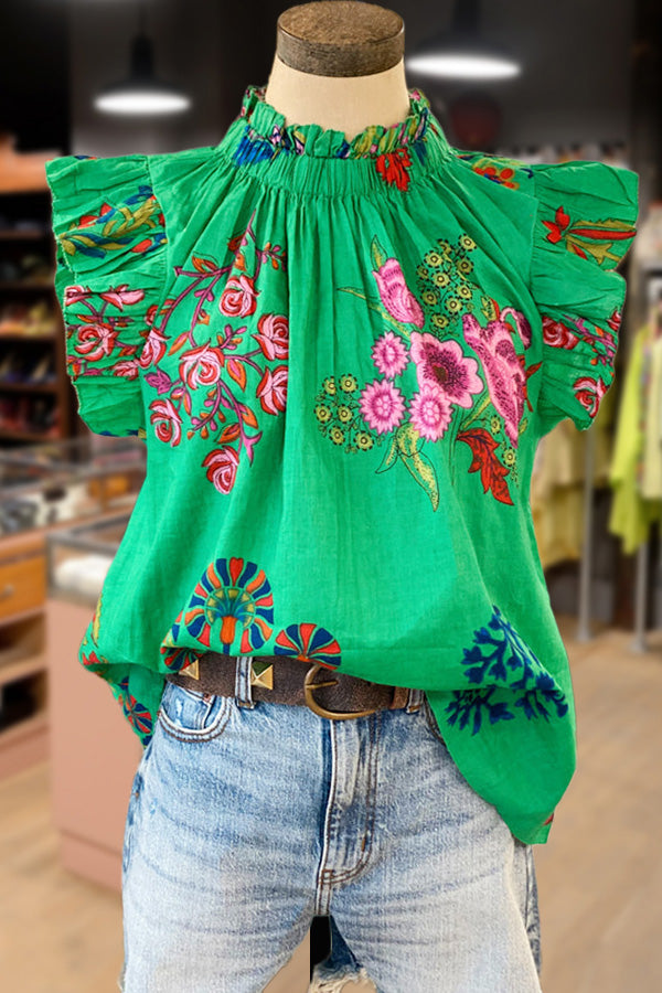 All Over Floral Print Ruffle Sleeve Top