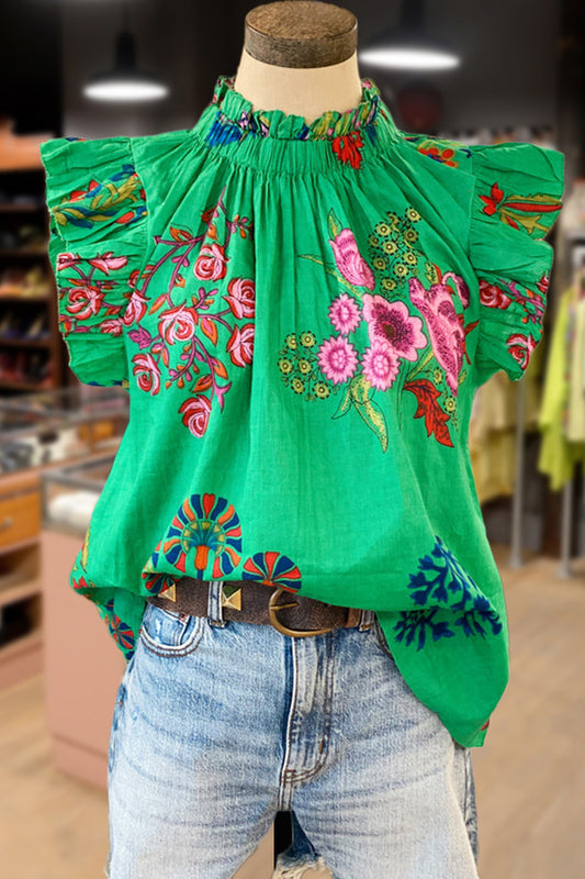 All Over Floral Print Ruffle Sleeve Top