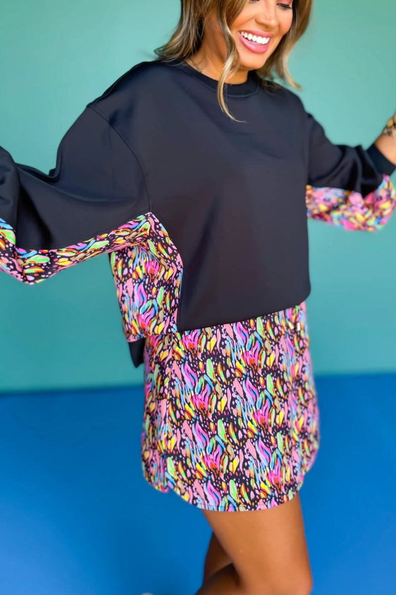 Crew Neck Printed Panel Scuba Set lnBlack Abstract Animal