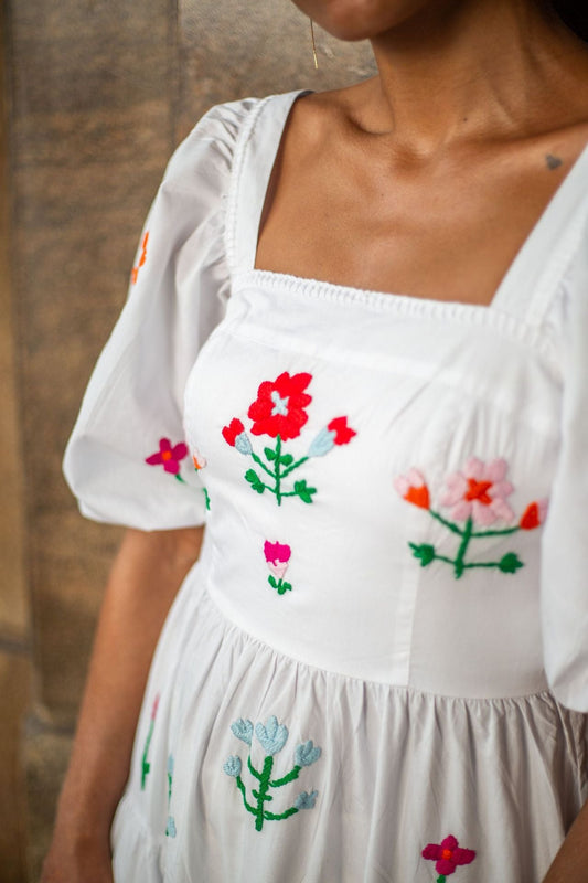 Floral Embroidery Square Neck Puff Sleeve Long Dress