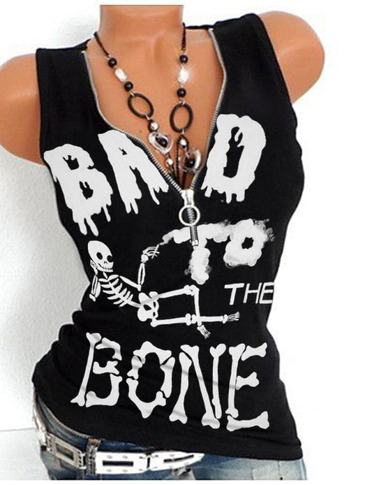 Skull Punk Letter Print V-neck Sleeveless T-shirt Vest Tops