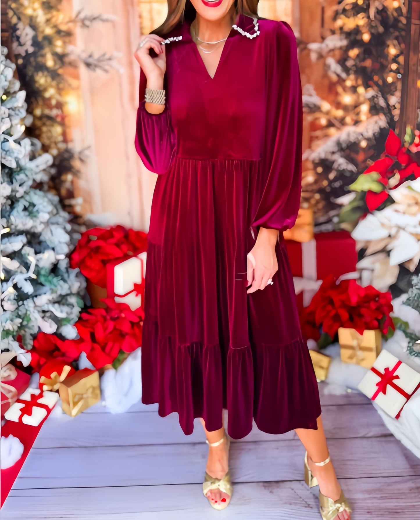 Snow Velvet Rhinestone Collar Maxi Dress