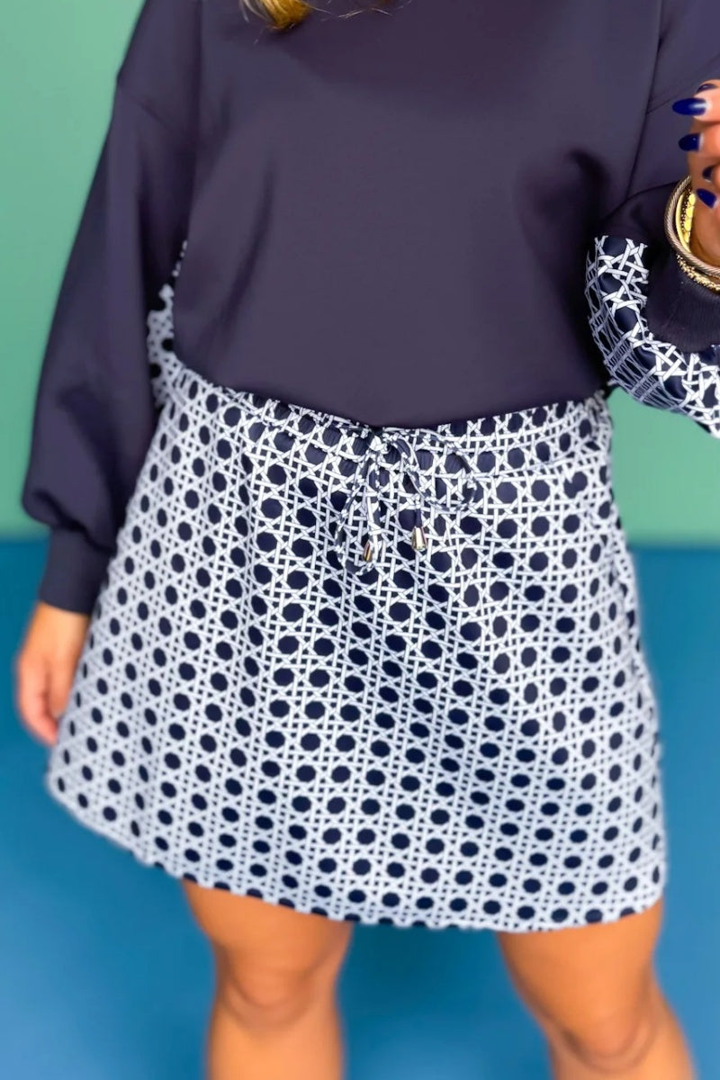 Crew Neck Printed Panel Scuba Set In Navy Cane