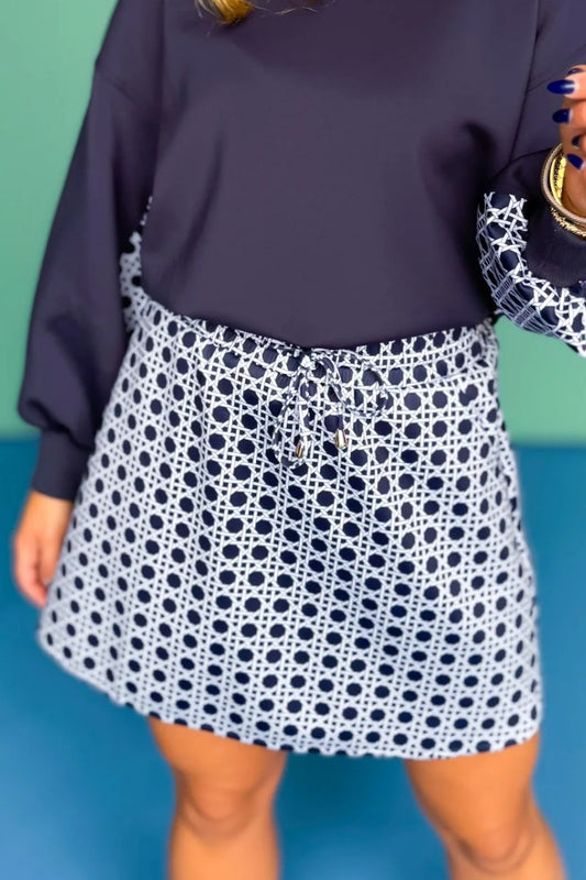 Crew Neck Printed Panel Scuba Set In Navy Cane