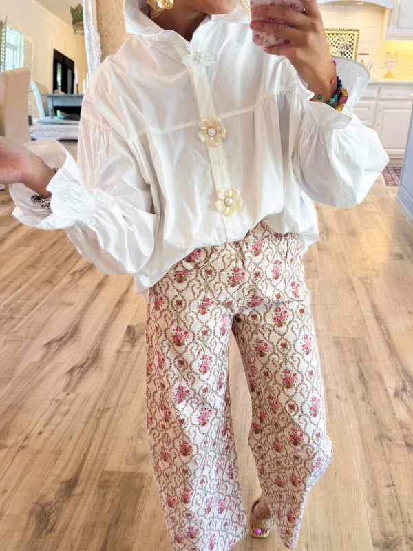 White Pearl Flower Button Down Top