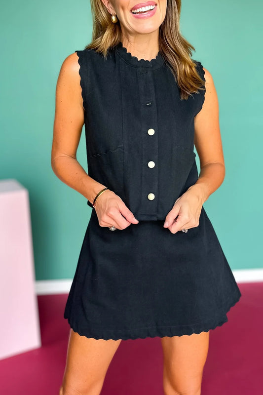 Paisley Scallop Trim Black Denim Vest Skort Set