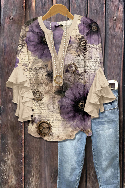 Retro Floral Print Ruffle Sleeve Top