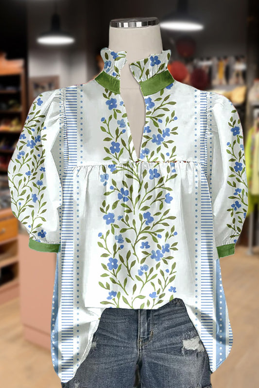 Chic Floral Print Puff Sleeve Blouse