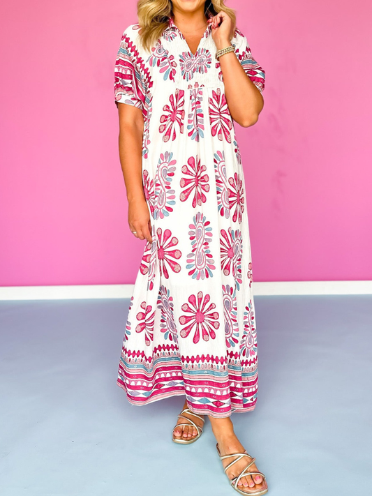 Smocked Yoke Balloon Sleeve Midi Dress