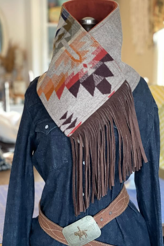 Women's Western Fringed Shawl - Color Block Aztec