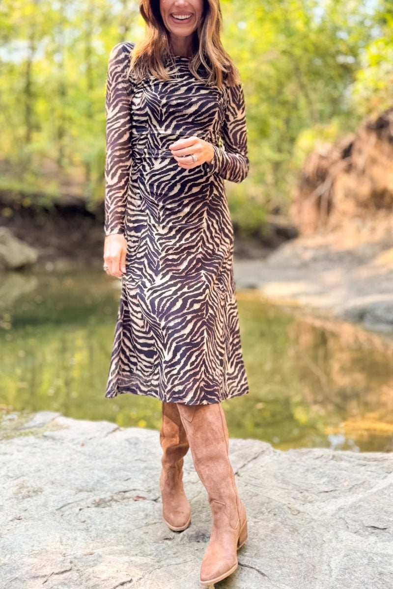 Brynn Mesh Midi Dress In Animal Stripes