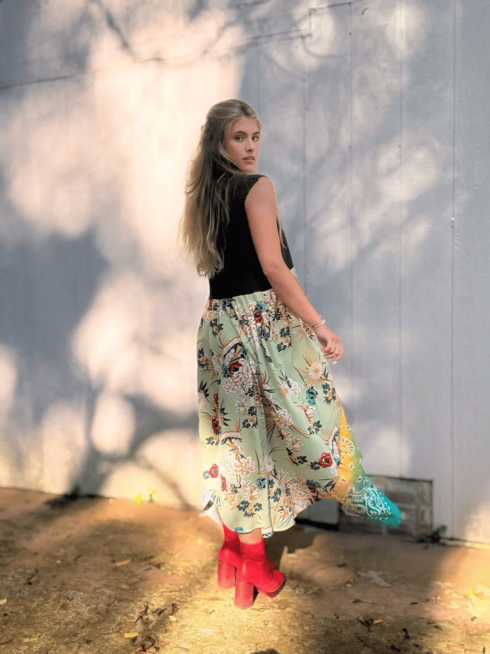 AC/DC patchwork high-low waist dress