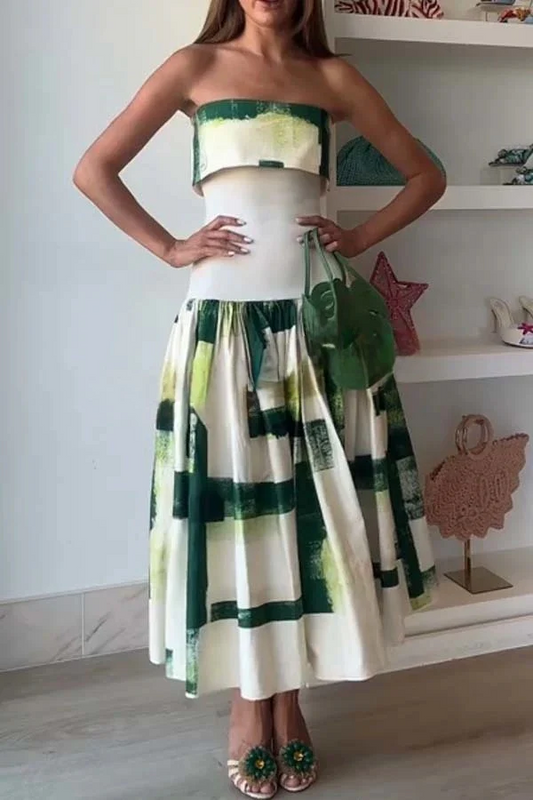 Printed Ribbed Elastic Waist Pocket Strapless Midi Dress
