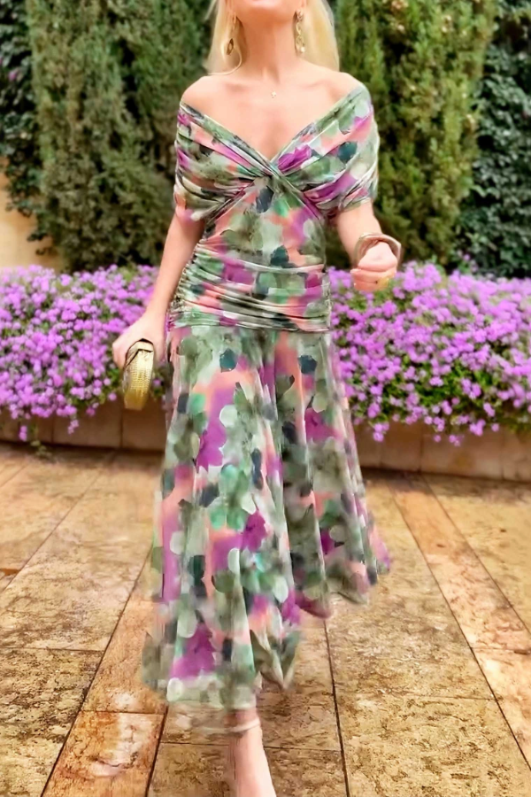 Elegant V-neck Fantasy Painted Floral Print Party Maxi Dress