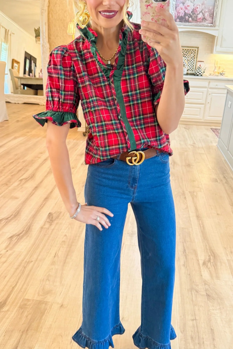 Red Plaid Puff Sleeve Ruffle Trim Blouse