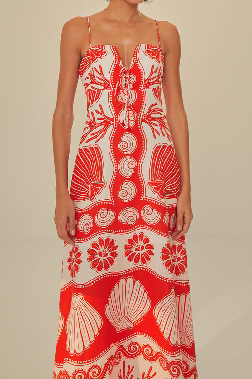 Ocean Print Suspender Tie Maxi Dress