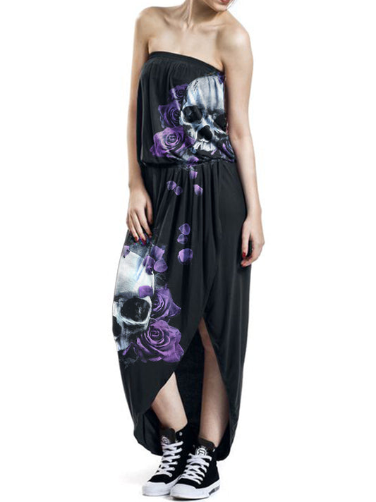 Iirregular Design Punk Rose Skull Print Off Shoulder Dress
