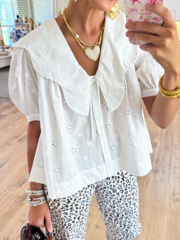 White Scallop Collar Eyelet Top