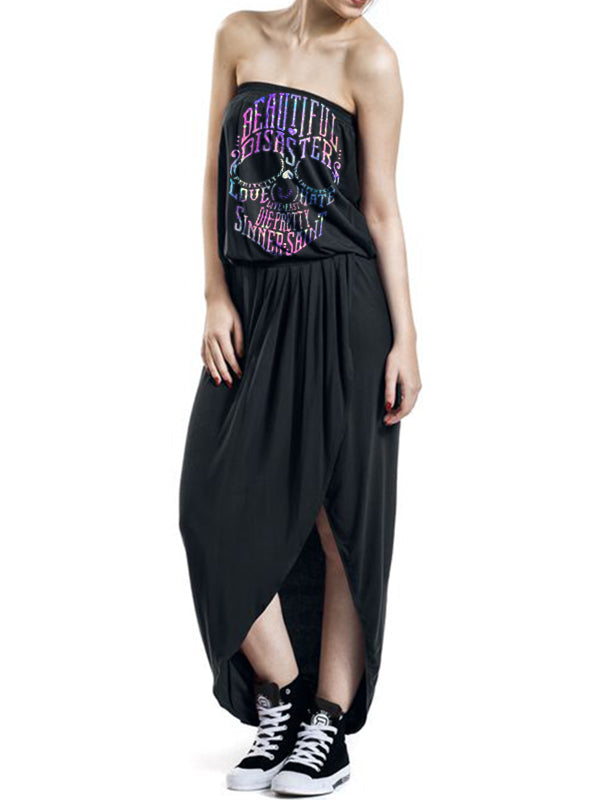 Off Shoulder Punk Letter Skull Print Maxi Iirregular Dress