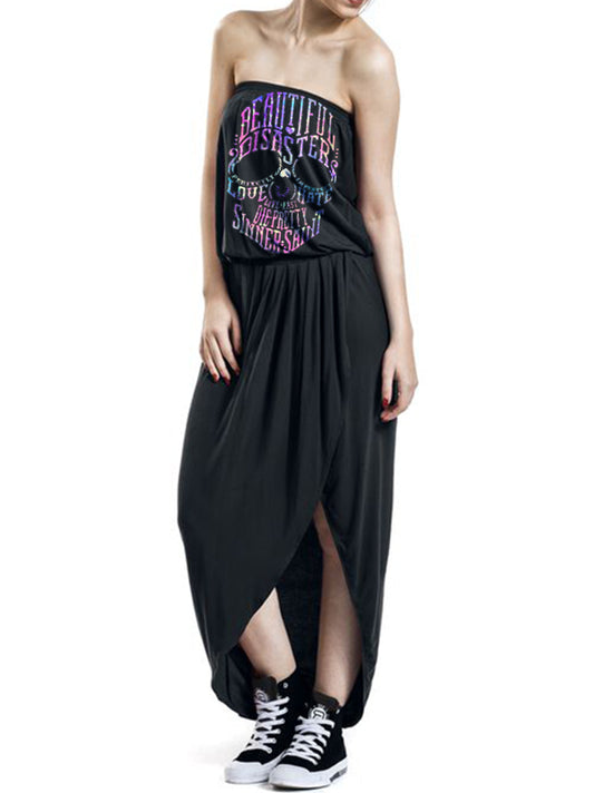 Off Shoulder Punk Letter Skull Print Maxi Iirregular Dress