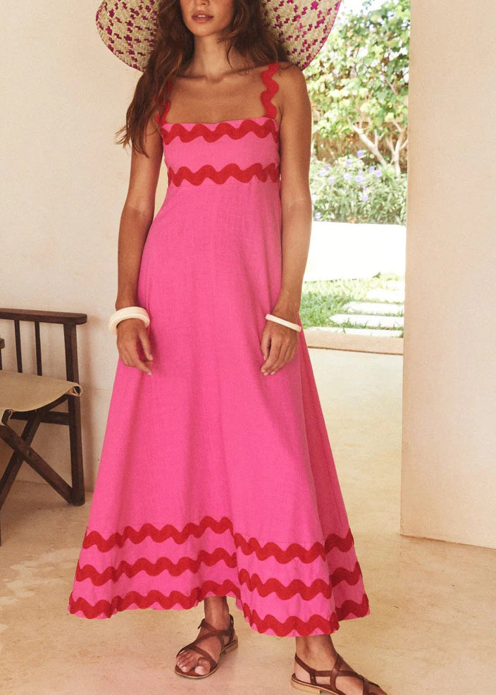 Lace Stitching Wave Suspender Maxi Dress