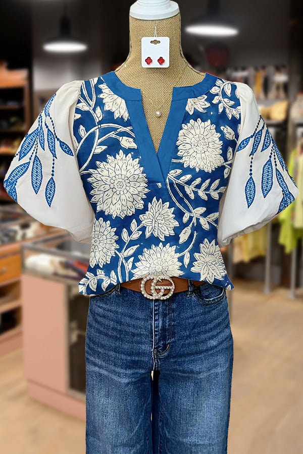 Vintage Floral Print Puff Sleeve Blouse