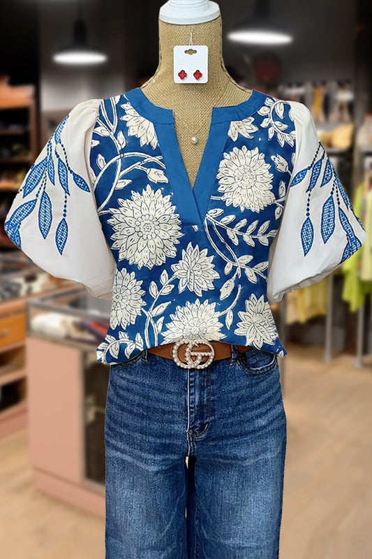 Vintage Floral Print Puff Sleeve Blouse