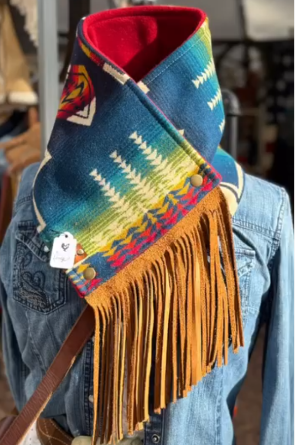 Women's Western Fringed Shawl - Blue/Gold Aztec