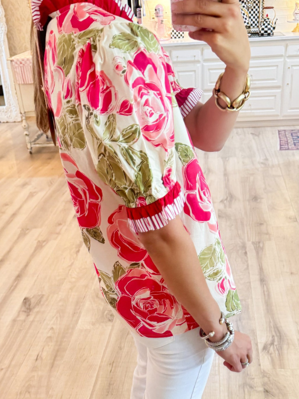 Coral Flower Print Contrast Trim Top