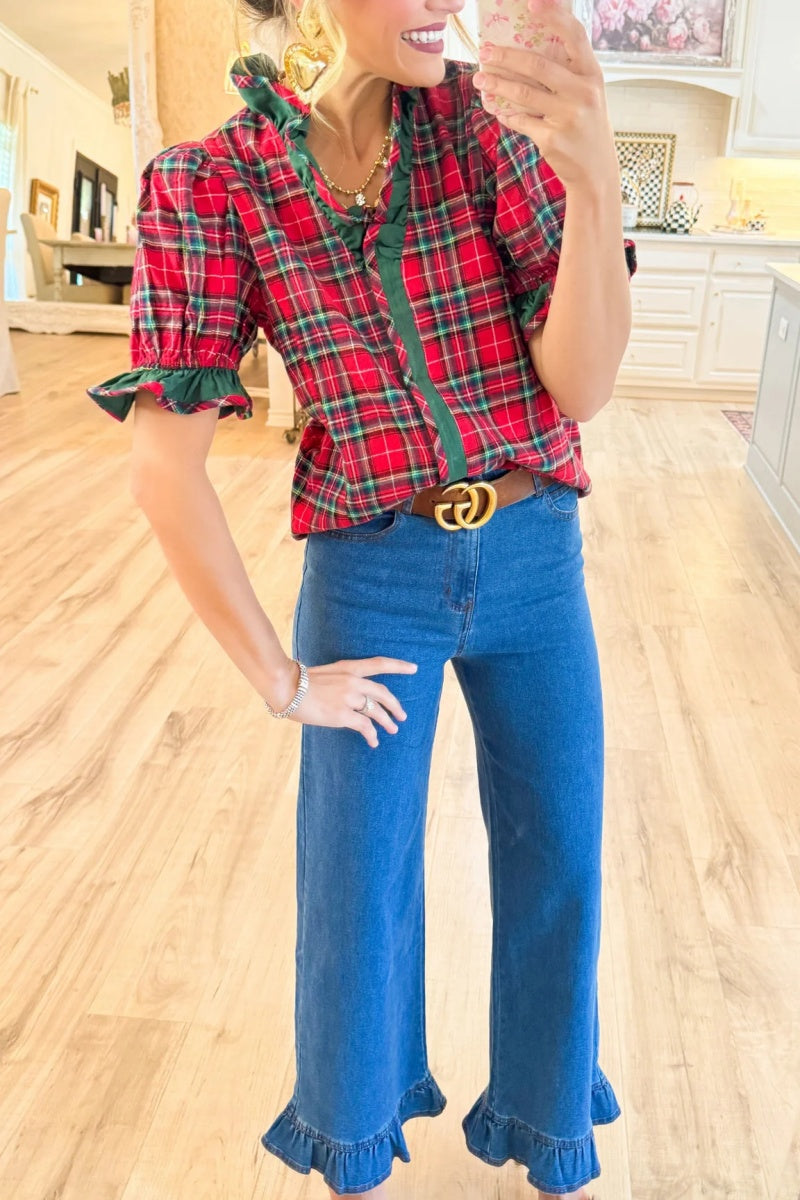Red Plaid Puff Sleeve Ruffle Trim Blouse