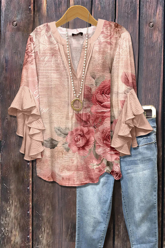 Retro Rose Print Ruffle Sleeve Top