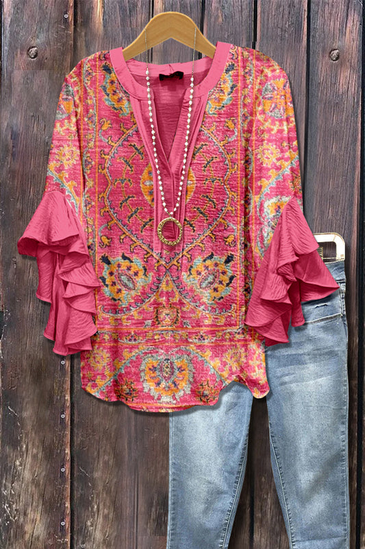 Retro Print V-Neck Ruffle Sleeve Top