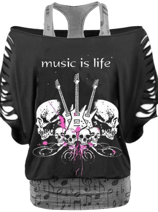 Punk casual loose fake two-piece t-shirt with holes