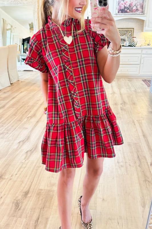 Red Plaid Frilled Neck Mini Dress