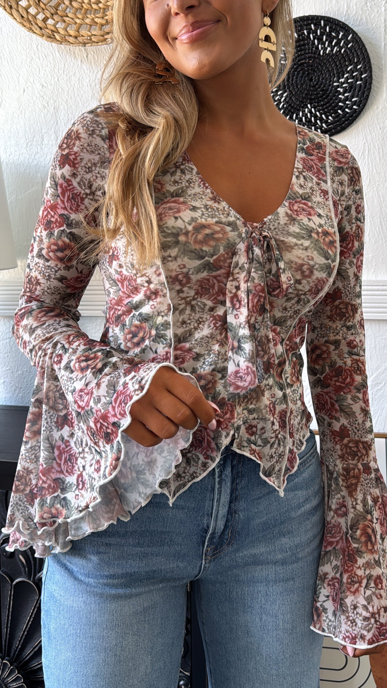Last Floral Kiss Tied Top, Cream